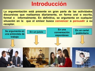 Introducción
La argumentación está presente en gran parte de las actividades
discursivas que realizamos diariamente, en forma oral o escrita,
formal o informalmente. En definitiva, se argumenta en cualquier
situación en la que el emisor busca convencer o persuadir a su
receptor.
Se argumenta en
una entrevista de
trabajo
En un juicio
En una
conversación
espontánea
En un cartel
publicitario
 