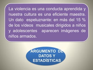 La violencia es una conducta aprendida y
nuestra cultura es una eficiente maestra.
Un dato espeluznante: en más del 15 %
de los vídeos musicales dirigidos a niños
y adolescentes aparecen imágenes de
niños armados.
ARGUMENTO DE
DATOS Y
ESTADÍSTICAS
 