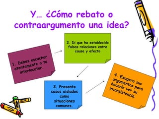 Y… ¿Cómo rebato o
 contraargumento una idea?
                               2. Di que ha establecido
                                falsas relaciones entre
                                    causa y efecto
                 har
         s  escuc u
1. Debe nte a t
           e
 at entam cutor.
           lo
     inter                                                   4. E
                                                            arg xagera
                                                               u
                                                           hac mentos sus
                                                              e
                        3. Presento                       inco rle ver para
                                                              nsis
                       casos aislados                              ten su
                           como                                       cia.
                        situaciones
                         comunes.
 