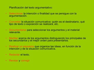 Planificación del texto argumentativo: Seleccionar  la intención o finalidad que se persigue con la argumentación. Concretar  la situación comunicativa: quién es el destinatario, qué tipo de texto o exposición se realizará, etc. Documentarse  para seleccionar los argumentos y el material relevante. Meditar  acerca de los argumentos distinguiendo los principales de los secundarios y el mejor orden para presentarlos. Realizar un esquema  que organice las ideas, en función de la intención y de la situación comunicativa. Redactar  el texto. Revisar  y  corregir 