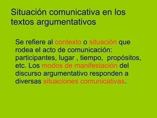 Situación comunicativa en los textos argumentativos Se refiere al  contexto  o  situación  que rodea el acto de comunicación: participantes, lugar , tiempo,  propósitos, etc. Los  modos de manifestación  del discurso argumentativo responden a diversas  situaciones comunicativas . 