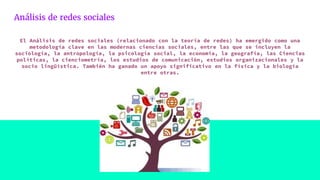 Análisis de redes sociales
El Análisis de redes sociales (relacionado con la teoría de redes) ha emergido como una
metodología clave en las modernas ciencias sociales, entre las que se incluyen la
sociología, la antropología, la psicología social, la economía, la geografía, las Ciencias
políticas, la cienciometría, los estudios de comunicación, estudios organizacionales y la
socio lingüística. También ha ganado un apoyo significativo en la física y la biología
entre otras.
 
