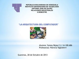 REPÚBLICA BOLIVARIANA DE VENEZUELA
INSTITUTO UNIVERSITARIO DE TECNOLOGÍA
“ANTONIO JÓSE DE SUCRE”
RELACIONES INDUSTRIALES
II SEMESTRE

Alumna: Yumey Rojas C.I: 14.100.686
Profesor(a): Patricia Tagliaferri

Guarenas, 28 de Octubre de 2013

 