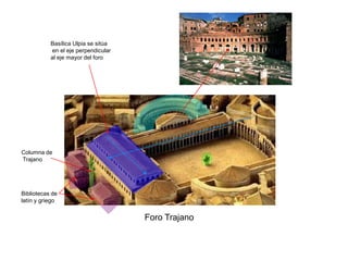 Basílica Ulpia se sitúa
           en el eje perpendicular
           al eje mayor del foro




Columna de
Trajano




Bibliotecas de
latín y griego


                                     Foro Trajano
 