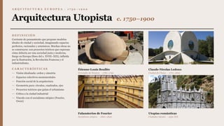 A R Q U I T E C T U R A E U R O P E A · 1 7 5 0 – 1 9 0 0
Arquitectura Utopista c. 1750–1900
D E F I N I C I Ó N
Corriente de pensamiento que propone modelos
ideales de ciudad y sociedad, imaginando espacios
perfectos, racionales y armónicos. Muchas obras no
se construyen: son proyectos teóricos que expresan
cómo debería ser una sociedad justa y moderna.
Surge en Europa (fines del s. XVIII–XIX), influida
por la Ilustración, la Revolución Francesa y el
industrialismo.
C A R A C T E R Í S T I C A S
— Visión idealizada: orden y simetría
— Espacios colectivos monumentales
— Función social de la arquitectura
— Geometría pura: círculos, cuadrados, ejes
— Proyectos teóricos que guían el urbanismo
— Crítica a la ciudad industrial
— Vínculo con el socialismo utópico (Fourier,
Owen)
Étienne-Louis Boullée
Cenotafio de Newton · 1780–1790
Claude-Nicolas Ledoux
Ciudad de Chaux · 1770–1800
Falansterios de Fourier
Socialismo utópico · 1820–1840
Utopías románticas
Ciudades ideales · siglo XIX
 