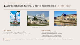 A R Q U I T E C T U R A E U R O P E A · 1 7 5 0 – 1 9 0 0
4. Arquitectura industrial y proto-modernismo c. 1850–1900
Torre Eiffel · París, 1889 Crystal Palace · Londres, 1851 Estación de Orsay · París
Idea central
Nuevas tecnologías nuevos tipos de edificios.
→
Contexto: Revolución Industrial; hierro, acero y vidrio.
Características
– Estructuras metálicas visibles.
– Grandes espacios interiores sin columnas.
– Funcionalidad sobre la ornamentación.
– Estaciones, fábricas y mercados cubiertos.
Hacia 1900 · surgen movimientos que anticipan el modernismo. El Art Nouveau (Gaudí, Horta, Guimard): líneas orgánicas, hierro curvado e integración de las artes
decorativas.
 