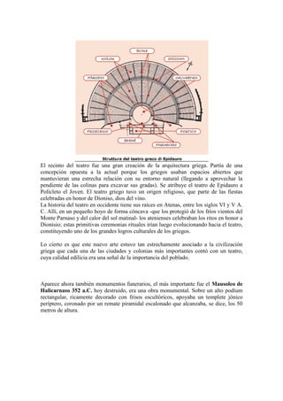 El recinto del teatro fue una gran creación de la arquitectura griega. Partía de una
concepción opuesta a la actual porque los griegos usaban espacios abiertos que
mantuvieran una estrecha relación con su entorno natural (llegando a aprovechar la
pendiente de las colinas para excavar sus gradas). Se atribuye el teatro de Epidauro a
Polícleto el Joven. El teatro griego tuvo un origen religioso, que parte de las fiestas
celebradas en honor de Dioniso, dios del vino.
La historia del teatro en occidente tiene sus raíces en Atenas, entre los siglos VI y V A.
C. Allí, en un pequeño hoyo de forma cóncava -que los protegió de los fríos vientos del
Monte Parnaso y del calor del sol matinal- los atenienses celebraban los ritos en honor a
Dionisio; estas primitivas ceremonias rituales irían luego evolucionando hacia el teatro,
constituyendo uno de los grandes logros culturales de los griegos.

Lo cierto es que este nuevo arte estuvo tan estrechamente asociado a la civilización
griega que cada una de las ciudades y colonias más importantes contó con un teatro,
cuya calidad edilicia era una señal de la importancia del poblado.



Aparece ahora también monumentos funerarios, el más importante fue el Mausoleo de
Halicarnaso 352 a.C. hoy destruido, era una obra monumental. Sobre un alto podíum
rectangular, ricamente decorado con frisos escultóricos, apoyaba un templete jónico
períptero, coronado por un remate piramidal escalonado que alcanzaba, se dice, los 50
metros de altura.
 