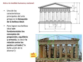 • Una de las
características
principales del arte
griego es la búsqueda
de la belleza ideal.
• Para lograr esa belleza
ideal son
fundamentales los
conceptos de
proporción, equilibrio
y armonía, es decir la
relación entre las
partes y el todo (“la
bella unión de lo
diverso”):
Arte a la medida humana y racional:
 