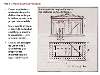 Arte a la medida humana y racional:
• Es una arquitectura
realizada a la medida
del hombre en la que
la belleza es ante todo
proporción y medida.
• Interés por la armonía,
el orden, la claridad, el
equilibrio, la simetría,
la proporción… como
principios básicos.
• Empleo del concepto
de Orden y de la
racionalidad y las
proporciones
matemáticas para
lograr la perfección.
 
