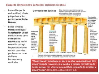 • En su afán por la
racionalidad, el arte
griego buscará el
perfeccionamiento
técnico.
• En los templos
trataban de lograr
la perfección visual
mediante una serie
de reajustes
ópticos que tenían
como fin corregir
las perturbaciones
ópticas causadas
por las estructuras
de líneas
horizontales y
verticales. “El objetivo del arquitecto es dar a su obra una apariencia bien
proporcionada y recurrir en lo posible a medios correctivos de
ilusión óptica, con vistas a un equilibrio simulado de medidas y
proporciones”. Heliodoro, óptico siglo III a. C.
Búsqueda constante de la perfección: correcciones ópticas
 