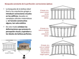 • La búsqueda de la belleza ideal
llevó a los arquitectos griegos a
introducir correcciones visuales
en los edificios, basadas en
complejos cálculos matemáticos
y sin función constructiva
alguna, tan solo estética.
• De este modo evitaban las
deformaciones que provoca la
percepción visual y aspiraban a
los ideales de belleza perfectos.
El templo, tal y
como lo vemos
con las
correcciones
ópticas.
El templo, tal y
como lo veríamos
sin las
correcciones
ópticas.
El templo, tal y
como en realidad
está construido,
aunque nuestra
vista percibe la
imagen superior.
Búsqueda constante de la perfección: correcciones ópticas
 