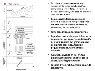 El orden jónico: • La columna descansa en una basa,
normalmente la llamada basa ática,
compuesta por dos toros (molduras o
boceles convexos) y una escocia (moldura
cóncava) entre ellas.
• Columnas cilíndricas, con pequeño
éntasis o sin éntasis y de proporciones
esbeltas. En ocasiones la columna es
monolítica, de una sola pieza.
• Fuste acanalado, con aristas muertas.
• Capitel más decorado, constituido por un
equino en el que aparece una decoración
de ovas y dardos y dos grandes volutas
en espiral a cada lado. Ábaco de
pequeño tamaño, habitualmente
decorado.
• Arquitrabe dividido en tres franjas
progresivamente más salientes con la
altura, llamadas platabandas.
• Friso sin dividir, habitualmente decorado
con relieves.
 