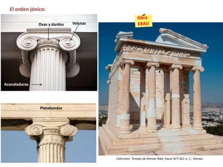 El orden jónico:
VolutasOvas y dardos
Acanaladuras
Platabandas
Calícrates: Templo de Atenea Niké, hacia 427-421 a. C., Atenas.
 