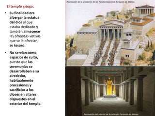 El templo griego:
• Su finalidad era
albergar la estatua
del dios al que
estaba dedicado y
también almacenar
las ofrendas votivas
que se le ofrecían,
su tesoro.
• No servían como
espacios de culto,
puesto que las
ceremonias se
desarrollaban a su
alrededor,
habitualmente
procesiones y
sacrificios a los
dioses en altares
dispuestos en el
exterior del templo.
Recreación de la procesión de las Panateneas en la Acrópolis de Atenas
Recreación del interior de la cella del Partenón en Atenas
 