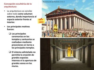 Concepción escultórica de la
arquitectura:
• La arquitectura se concibe
sobre todo como volumen
externo, dando importancia al
espacio exterior frente al
interior.
• Los principales motivos
fueron:
 Las principales
ceremonias en los
templos y santuarios se
realizaban mediante
procesiones en torno a
los principales templos.
 El sistema adintelado no
permitía la creación de
grandes espacios
internos ni la apertura de
grandes vanos en los
muros.
Reconstrucción del Partenón, S. V a. C.
 