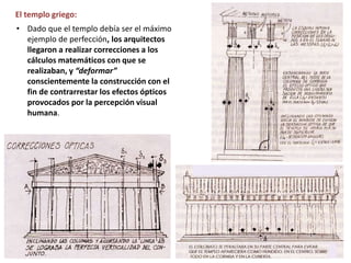 El templo griego:
• Dado que el templo debía ser el máximo
ejemplo de perfección, los arquitectos
llegaron a realizar correcciones a los
cálculos matemáticos con que se
realizaban, y “deformar”
conscientemente la construcción con el
fin de contrarrestar los efectos ópticos
provocados por la percepción visual
humana.
 