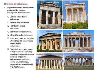 El templo griego: planta
• Según el número de columnas
en su frente, pueden
distinguirse distintos tipos:
 Áptero: si no tiene
columnas.
 Dístilo: dos columnas.
 Tetrástilo: cuatro
columnas.
 Hexástilo: seis columnas.
 Octástilo: ocho columnas.
 Eran más raros los templos
decástilos (10 columnas) o
dodecástilos (12
columnas).
 Todavía fueron más raros,
y habitualmente son muy
arcaicos, los que tienen un
número impar de
columnas en su frente,
como los pentástilos,
heptástilos y eneástilos (5,
7 o 9 columnas).
Dístilo Tetrástilo
Hexástilo Octástilo
Decástilo Eneástilo
 