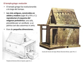 El templo griego: evolución
• El templo griego fue evolucionando
a lo largo del tiempo.
• Los más antiguos, construidos en
adobe y madera (siglo IX y VIII a. C.)
reproducían el esquema del
mégaron prehelénico: una sala,
precedida por un vestíbulo y un
pórtico con dos columnas in antis.
• Eran de pequeñas dimensiones.
Templo de Artemisa Ortia en Esparta, siglo IX a. C.
Exvoto del Heraion de Argos (Museo Nacional Atenas, siglo VIII a. C.
 