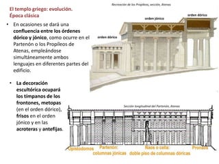 El templo griego: evolución.
Época clásica
• En ocasiones se dará una
confluencia entre los órdenes
dórico y jónico, como ocurre en el
Partenón o los Propíleos de
Atenas, empleándose
simultáneamente ambos
lenguajes en diferentes partes del
edificio.
Recreación de los Propíleos, sección, Atenas
• La decoración
escultórica ocupará
los tímpanos de los
frontones, metopas
(en el orden dórico),
frisos en el orden
jónico y en las
acroteras y antefijas.
Sección longitudinal del Partenón, Atenas
orden dórico
orden jónico
orden dórico
 