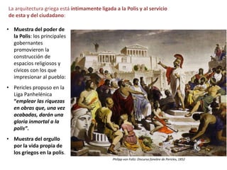 • Muestra del poder de
la Polis: los principales
gobernantes
promovieron la
construcción de
espacios religiosos y
cívicos con los que
impresionar al pueblo:
• Pericles propuso en la
Liga Panhelénica
“emplear las riquezas
en obras que, una vez
acabadas, darán una
gloria inmortal a la
polis”.
• Muestra del orgullo
por la vida propia de
los griegos en la polis.
La arquitectura griega está íntimamente ligada a la Polis y al servicio
de esta y del ciudadano:
Philipp von Foltz: Discurso fúnebre de Pericles, 1852
 
