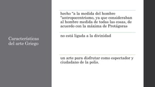 Características
del arte Griego
hecho “a la medida del hombre
"antropocentrismo, ya que consideraban
al hombre medida de todas las cosas, de
acuerdo con la máxima de Protágoras
no está ligada a la divinidad
un arte para disfrutar como espectador y
ciudadano de la polis.
 