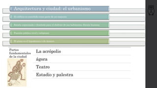 Arquitectura y ciudad: el urbanismo
El edificio es concebido como parte de un conjunto
Estaba organizada y diseñada para el disfrute de sus habitantes. Escala humana
Función pública (civil y religiosa)
El plano es el hipodamico o de damero
Partes
fundamentales
de la ciudad
La acrópolis
ágora
Teatro
Estadio y palestra
 