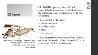 El ágora
• EL ÁGORA, plaza principal de la
ciudad dedicada a la actividad pública
(función política y comercial), en la que
se hallan:
• Los edificios oficiales:
▪Ecclesiasterón
▪Bouleuterión
▪Stoá
▪Prytaneion
• Las construcciones recreativas (odeón,
estadio, gimnasio, palestra, teatro) para
el disfrute de los ciudadanos.
 