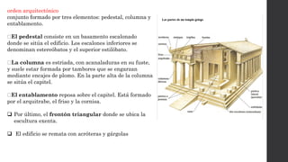 orden arquitectónico
conjunto formado por tres elementos: pedestal, columna y
entablamento.
El pedestal consiste en un basamento escalonado
donde se sitúa el edificio. Los escalones inferiores se
denominan estereóbatos y el superior estilóbato.
La columna es estriada, con acanaladuras en su fuste,
y suele estar formada por tambores que se engarzan
mediante encajes de plomo. En la parte alta de la columna
se sitúa el capitel.
El entablamento reposa sobre el capitel. Está formado
por el arquitrabe, el friso y la cornisa.
❑ Por último, el frontón triangular donde se ubica la
escultura exenta.
❑ El edificio se remata con acróteras y gárgolas
 