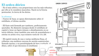 El orden dórico
Es el más sobrio y sus proporciones son las más robustas;
por ello se le considera masculino. Nació en la Grecia
peninsular, la tierra de los dorios.
la columna:
Carece de basa; se apoya directamente sobre el
estilóbato, el último escalón.
El fuste está formado por tambores, perfectamente
ajustados. Su diámetro mengua desde el estilóbato al
capitel y tiene un ligero éntasis o abombamiento en su
tercio inferior, tiene también una serie de acanaladuras o
estrías en arista viva, cuyo número varía de 14 a 26.
El capitel consta de una o varias molduras finas, el
collarino; una moldura convexa de sección semicircular,
llamado equino; y un paralelepípedo de base cuadrada, el
ábaco, sobre el que descansa el entablamento.
estrías
en arista
viva
 