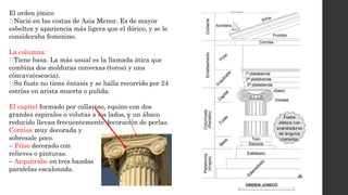 El orden jónico
Nació en las costas de Asia Menor. Es de mayor
esbeltez y apariencia más ligera que el dórico, y se le
consideraba femenino.
La columna:
Tiene basa. La más usual es la llamada ática que
combina dos molduras convexas (toros) y una
cóncava(escocia).
Su fuste no tiene éntasis y se halla recorrido por 24
estrías en arista muerta o pulida.
El capitel formado por collarino, equino con dos
grandes espirales o volutas a los lados, y un ábaco
reducido llevan frecuentemente decoración de perlas.
Cornisa muy decorada y
sobresale poco.
– Friso decorado con
relieves o pinturas.
– Arquitrabe en tres bandas
paralelas escalonada.
 