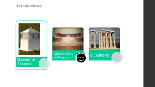 Periodo helénico
Mausoleo de
Alicarnaso
Altar de Zeus
en Pergamo
OLIMPEION
 
