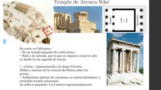 Su autor es Calícrates.
• Es un templo pequeño de estilo jónico
• Está a la entrada, por lo que su impacto visual es alto
ya desde la vía sagrada de acceso.
• el friso , representando a la diosa Victoria
(Niké) y escenas de la victoria de Platea sobre los
persas.
• Anfipróstilo (pórtico de columnas en ambas fachadas), y
tetrástilo (cuatro columnas).
La cella es pequeña: 5 x 5 metros aproximadamente
 