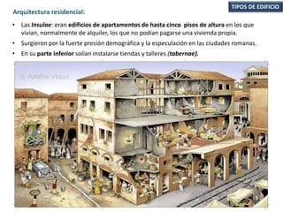 • Las Insulae: eran edificios de apartamentos de hasta cinco pisos de altura en los que
vivían, normalmente de alquiler, los que no podían pagarse una vivienda propia.
• Surgieron por la fuerte presión demográfica y la especulación en las ciudades romanas.
• En su parte inferior solían instalarse tiendas y talleres (tabernae).
TIPOS DE EDIFICIO
Arquitectura residencial:
 