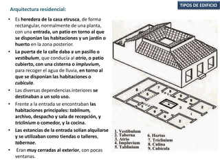 • Es heredera de la casa etrusca, de forma
rectangular, normalmente de una planta,
con una entrada, un patio en torno al que
se disponían las habitaciones y un jardín o
huerto en la zona posterior.
• La puerta de la calle daba a un pasillo o
vestibulum, que conducía al atrio, o patio
cubierto, con una cisterna o impluvium,
para recoger el agua de lluvia, en torno al
que se disponían las habitaciones o
cubicula.
• Las diversas dependencias interiores se
destinaban a un solo uso.
• Frente a la entrada se encontraban las
habitaciones principales: tablinum,
archivo, despacho y sala de recepción, y
triclinium o comedor, y la cocina.
• Las estancias de la entrada solían alquilarse
y se utilizaban como tiendas o talleres,
tabernae.
• Eran muy cerradas al exterior, con pocas
ventanas.
TIPOS DE EDIFICIO
Arquitectura residencial:
 
