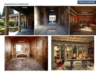TIPOS DE EDIFICIO
Arquitectura residencial:
Peristilo
Impluvium
Atrio
Triclinium
Cubiculum
Tablinum
 