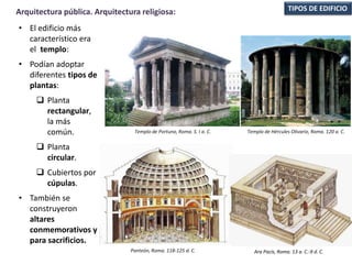 • El edificio más
característico era
el templo:
• Podían adoptar
diferentes tipos de
plantas:
 Planta
rectangular,
la más
común.
 Planta
circular.
 Cubiertos por
cúpulas.
• También se
construyeron
altares
conmemorativos y
para sacrificios.
TIPOS DE EDIFICIOArquitectura pública. Arquitectura religiosa:
Ara Pacis, Roma. 13 a. C.-9 d. C.Panteón, Roma. 118-125 d. C.
Templo de Portuno, Roma. S. I a. C. Templo de Hércules Olivario, Roma. 120 a. C.
 