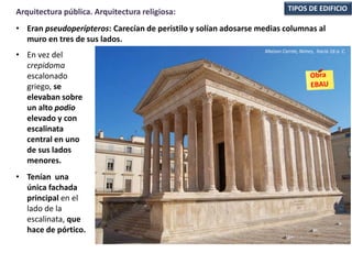 • En vez del
crepidoma
escalonado
griego, se
elevaban sobre
un alto podio
elevado y con
escalinata
central en uno
de sus lados
menores.
• Tenían una
única fachada
principal en el
lado de la
escalinata, que
hace de pórtico.
TIPOS DE EDIFICIOArquitectura pública. Arquitectura religiosa:
• Eran pseudoperípteros: Carecían de peristilo y solían adosarse medias columnas al
muro en tres de sus lados.
Maison Carrée, Nimes, hacia 16 a. C.
 
