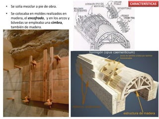 • Se solía mezclar a pie de obra.
• Se colocaba en moldes realizados en
madera, el encofrado, y en los arcos y
bóvedas se empleaba una cimbra,
también de madera.
CARACTERÍSTICAS
 