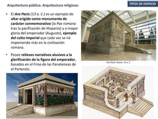 • El Ara Pacis (13 a. C.) es un ejemplo de
altar erigido como monumento de
carácter conmemorativo (la Pax romana
tras la pacificación de Hispania) y a mayor
gloria del emperador (Augusto), ejemplo
del culto imperial que cada vez se irá
imponiendo más en la civilización
romana.
• Posee relieves narrativos alusivos a la
glorificación de la figura del emperador,
basados en el Friso de las Panateneas de
el Partenón.
TIPOS DE EDIFICIOArquitectura pública. Arquitectura religiosa:
Ara Pacis. Roma. 13 a. C.
 
