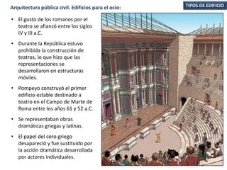 • El gusto de los romanos por el
teatro se afianzó entre los siglos
IV y III a.C.
• Durante la República estuvo
prohibida la construcción de
teatros, lo que hizo que las
representaciones se
desarrollaron en estructuras
móviles.
• Pompeyo construyó el primer
edificio estable destinado a
teatro en el Campo de Marte de
Roma entre los años 61 y 52 a.C.
• Se representaban obras
dramáticas griegas y latinas.
• El papel del coro griego
desapareció y fue sustituido por
la acción dramática desarrollada
por actores individuales.
TIPOS DE EDIFICIOArquitectura pública civil. Edificios para el ocio:
 