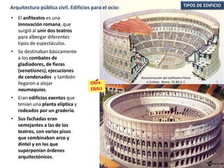 • El anfiteatro es una
innovación romana, que
surgió al unir dos teatros
para albergar diferentes
tipos de espectáculos.
• Se destinaban básicamente
a los combates de
gladiadores, de fieras
(venationes), ejecuciones
de condenados y también
llegaron a alojar
naumaquias.
• Eran edificios exentos que
tenían una planta elíptica y
rodeados por un graderío.
• Sus fachadas eran
semejantes a las de los
teatros, con varios pisos
que combinaban arco y
dintel y en los que
superponían órdenes
arquitectónicos.
TIPOS DE EDIFICIOArquitectura pública civil. Edificios para el ocio:
Reconstrucción del anfiteatro Flavio
o Coliseo. Roma. 72-80 d. C.
 