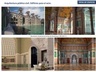 TIPOS DE EDIFICIOArquitectura pública civil. Edificios para el ocio:
Recreación virtual de las termas de Diocleciano, 298-306 d. C.
 