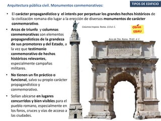 • Arcos de triunfo y columnas
conmemorativas son elementos
propagandísticos de la grandeza
de sus promotores y del Estado, a
la vez que testimonio
conmemorativo de hechos
históricos relevantes,
especialmente campañas
militares.
• No tienen un fin práctico o
funcional, salvo su propio carácter
propagandístico y
conmemorativo.
• Solían ubicarse en lugares
concurridos y bien visibles para el
pueblo romano, especialmente en
los foros, cruces y vías de acceso a
las ciudades.
TIPOS DE EDIFICIOArquitectura pública civil. Monumentos conmemorativos:
• El carácter propagandístico y el interés por perpetuar los grandes hechos históricos de
la civilización romana dio lugar a la erección de diversos monumentos de carácter
conmemorativo.
Arco de Tito. Roma. 79-81 d. C.
Columna trajana. Roma. 113 d. C.
 