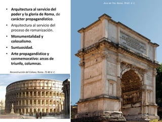 • Arquitectura al servicio del
poder y la gloria de Roma, de
carácter propagandístico.
• Arquitectura al servicio del
proceso de romanización.
• Monumentalidad y
colosalismo.
• Suntuosidad.
• Arte propagandístico y
conmemorativo: arcos de
triunfo, columnas.
CARACTERÍSTICASArco de Tito. Roma. 79-81 d. C.
Reconstrucción del Coliseo, Roma. 72-80 d. C.
 