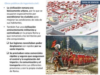 • La civilización romana era
básicamente urbana, por lo que se
ocuparon especialmente por
acondicionar las ciudades para
mejorar las condiciones de vida de
sus habitantes.
• También fue una civilización
eminentemente militarista y
centralizada en la propia Roma y
que romanizó a los territorios por
ella conquistados:
 Sus legiones necesitaban poder
desplazarse con rapidez por su
vasto imperio.
 Se precisaban rutas comerciales
rápidas y seguras que asegurasen
el control y la explotación del
imperio y la comunicación y el
transporte entre sus diferentes
provincias y con la propia ciudad
de Roma.
Obras públicas de ingeniería civil: TIPOS DE EDIFICIO
 