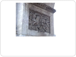DETALLE DE LOS RELIEVES DEL ARCO DE CONSTANTINO, S. IV


   La decadencia de la escultura durante la época bajoimperial también se
manifiesta en este género. La utilización de relieves extraídos de obras anteriores
no puede ocultar la pobreza y el agotamiento estético: monotonía compositiva,
personajes yuxtapuestos, acusada isocefalia, pobre modelado y pliegues duros.
Estos rasgos son la manifestación de una clara tendencia a la conceptualización que
se consolidará en la época bizantina.
 