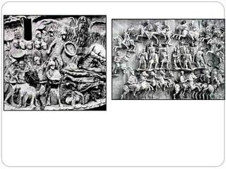 RELIEVES SOBRE COLUMNAS




                                                              RELIEVES DE LA BASA DE ANTONINO

       COLUMNA DE MARCO AURELIO


·       La ilusión de espacio queda sacrificada en esta ocasión por el interés narrativo. El Horror vacui
hace que toda la superficie esté esculpida. La obra constituye una crónica gráfica, un reportaje. El
tratamiento plástico presenta un inusitado impresionismo, la composición y la representación responde al
tipo popular y realista, alejada del idealismo helénico. La obra posee un carácter cinematográfico:
representación temporal dentro de la representación espacial.
 