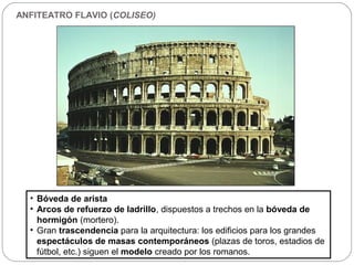 ANFITEATRO FLAVIO (COLISEO)




  • Bóveda de arista
  • Arcos de refuerzo de ladrillo, dispuestos a trechos en la bóveda de
    hormigón (mortero).
  • Gran trascendencia para la arquitectura: los edificios para los grandes
    espectáculos de masas contemporáneos (plazas de toros, estadios de
    fútbol, etc.) siguen el modelo creado por los romanos.
 