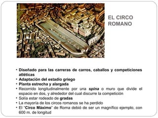 EL CIRCO
                                                ROMANO




• Diseñado para las carreras de carros, caballos y competiciones
  atléticas
• Adaptación del estadio griego
• Planta estrecha y alargada
• Recorrido longitudinalmente por una spina o muro que divide el
  espacio en dos, y alrededor del cual discurre la competición
• Solía estar rodeado de gradas
• La mayoría de los circos romanos se ha perdido
• El “Circo Máximo” de Roma debió de ser un magnífico ejemplo, con
  600 m. de longitud
 