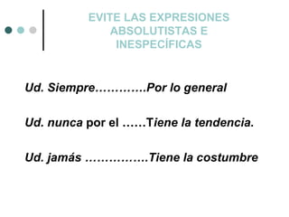 EVITE LAS EXPRESIONES
              ABSOLUTISTAS E
               INESPECÍFICAS


Ud. Siempre………….Por lo general

Ud. nunca por el ……Tiene la tendencia.

Ud. jamás …………….Tiene la costumbre
 